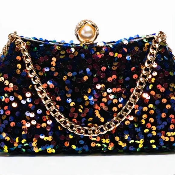 Handbags - Multicolor Sequin Clutch with Gold Chain NWT